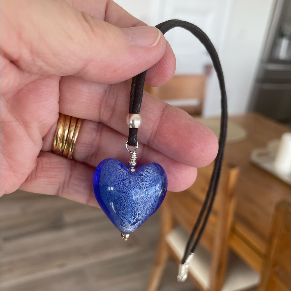 Handmade Blue Foil Lined Glass Heart Necklace on 18” Black 
Cord